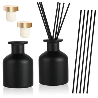 2 Stück Glas Diffusorflaschen, Schwarz Leere Schilf-Diffusor-Flasche mit 12 Stäbchen und 2 Kappen, 150ml Mattschwarz Raumduft Diffuser, Glasflaschen Duftzubehör für DIY Ersatz, Zuhause, Büro