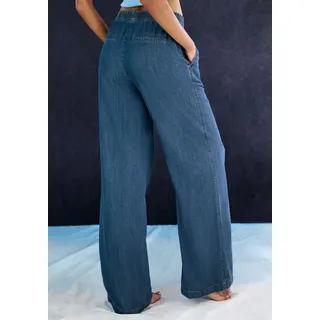 Schlupfhose H.I.S, Damen, Gr. 32/34, N-Gr, jeansblau, Obermaterial: 65% Lyocell, 35% Baumwolle, unifarben, Basic, figurumspielend lang, Hosen Schlupfhose, weites Bein, in Denim Optik