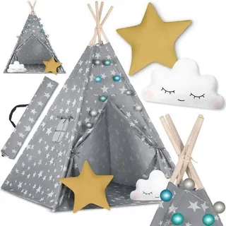 Unyqoos® Tipi-Spielzelt für Kinder aus 100% Baumwolle – Montessori-Spielzelt mit stabilem Holzgestell, Matte, 2 Kissen & Lichterkette für drinnen & draußen - Grau