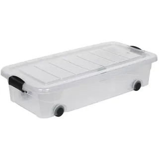 Kreher Aufbewahrungsbox transparent, Deckel und Rollen (30 L Unterbettbox) | Aus robustem Kunststoff, stapelbar mit klarem Sichtfenster für Ordnung im Haushalt