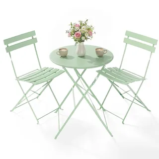 Clevich Bistro Set Balkon Metall, Balkonmöbel Set 3 teilig, Bistrotisch mit 2 Stühlen, Gartenmöbel-Set Outdoor Sitzgruppe, Faltbar und Wetterfest, für Gärten, Terrassen, Grün