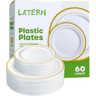 LATERN 60 Stück Mehrweg Goldenes Plastikgeschirr, 30 Stück 26cm Große Speiseteller + 30 Stück 19cm Salatteller, Wiederverwendbare Plastikteller für 30 Gäste Hochzeitstag Garden Dessert Party