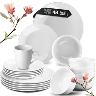Moritz & Moritz Geschirrset 12 Personen mit Kaffeetassen - 48tlg. Geschirr Set aus Porzellan Weiß – Teller Set mit Speiseteller, Dessertteller, Müslischale & Tassen – Serie Basic