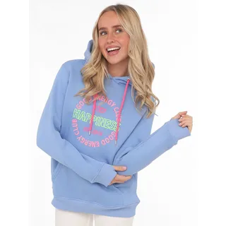 Hoodie ZWILLINGSHERZ "Good Vibes", Damen, Gr. L/XL (L/XL), blau (hellblau), Sweatware, Obermaterial: 50% Baumwolle, 50% Polyester, unifarben, normal hüftbedeckend, V-Ausschnitt, Sweatshirts Hoodie, gestickter Schriftzug, Kapuze, Langarm, Kängurutasche, Kordelzug