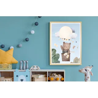 Bild mit Rahmen QUEENCE "Bär im Heißluftballon", weiß (farbe bild(er): blau), B:40cm H:50cm T:1,5cm, Holz, Plexiglas, Bilder, Bild mit Rahmen