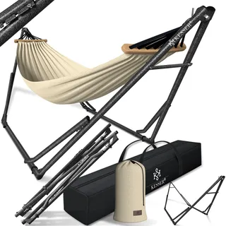 KESSER® Hängematte Vill mit Gestell Metall Faltbar verstellbar Stabiler Rahmen Indoor & Outdoor Mit Tragetasche + Beutel Hängesessel Hängemattengestell Camping Garten Pool Balkon Terrasse - Beige