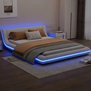 Flieks Polsterbett 140x200cm mit LED, Doppelbett Jugendbett mit Lattenrost, Klassisches Bett Holzbett Schwebebett Bodenbett, PU, Weiß - Weiß