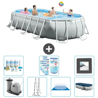 Intex Oval Prism Frame Swimmingpool – 503 x 274 x 122 cm – Grau – inklusive Pumpe – Leiter – Bodenplane – Abdeckung Wartungspaket - Filter - Bodenfliesen