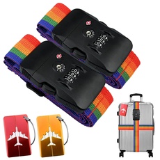 Koffergurt Kofferband mit 2 TSA Zahlenschloss, 2 Stück Einstellbare Kreuz Gepäckgurt Gepäckband + 2 Stück Kofferanhänger mit Namensschild & Adressschild zum Sicher Reisen(Bunt)