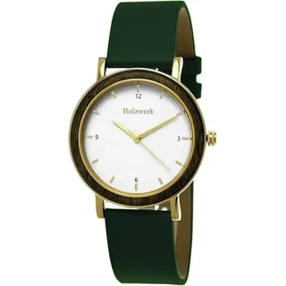 Holzwerk JENA kleine Damen Edelstahl, Leder & Holz Uhr, dunkel grün, gold, weiß