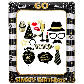 Aufblasbarer Selfie-Rahmen zum 60. Geburtstag, riesige Foto-Requisiten, schwarz-goldfarben, aufblasbar, Dekorationen für Damen und Herren, Geburtstagsparty-Zubehör, Themenparty-Set