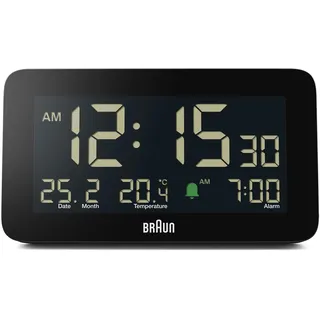 Braun Digitaler Wecker mit Datums-, Monats- und Temperaturanzeige, negativem LCD-Display, Schnelleinstellung und anschwellendem Alarm-Piepton in Schwarz, Modell BC10B (2Pack)