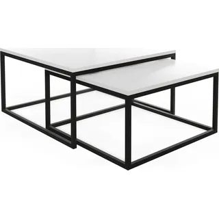 Rechteckige Quadratische Satztische Couchtische mit Schwarz Gestell - Loft Style Couchtische Metallbeine - 2 in 1 - Zwei Industrielle Getrennte Tische für Wohnzimmer - Weiß - Weiß