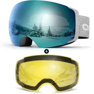 Odoland Skibrille Unisex für Damen und Herren Jungen Rahmenlose Snowboardbrille mit Magnetische Wechselglas UV-Schutz Anti-Nebel Schneebrille Helmkompatible Ski Goggles zum Skifahren Grau Blau