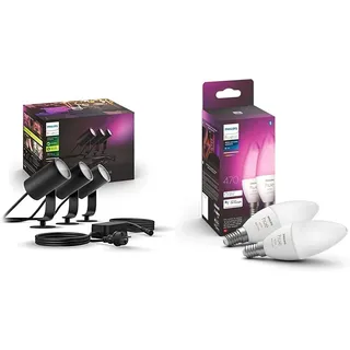 Philips Hue White & Color Ambiance Lily Gartenstrahler 3-er Pack (1.770 lm) & White & Color Ambiance E14 LED Leuchten 2-er Pack (470 lm)
