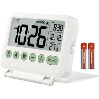 MeesMeek Reisewecker Digital Klein: 2 Stufen Licht und Lautstärke, 12/24H, Kalender, Temperatur, Wochenende und Schlummer Modus, Klappbar, Batteriebetrieben Mini Wecker (Weiß)