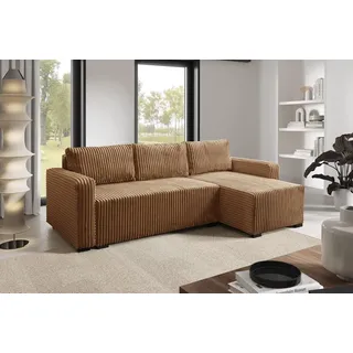 LIKMA Karamell Ecksofa Cord Tilia 232x145 cm mit Schlaffunktion (200x140 cm) Eckcouch mit Bettkasten Wohnlandschaft mit Bettkasten Cord Bettsofa mit Stauraum Polstermöbel Sofa 3 Sitzer - Beige