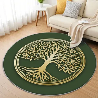 AevuCub Baum des Lebens Teppich Rund 90 cm Kurzflor - Waschbare Teppiche Wohnzimmer Grün Gold Lebensbaum - Runder Teppich 90 Durchmesser Kinderzimmer - Bettvorleger Schlafzimmer rutschfest Weich