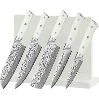 Wakoli Perle Blanche Küchenmesser-Set (5 Messer) mit Messerblock I 67 Lagen Damast mit VG10-Stahlkern | Premium Messerset