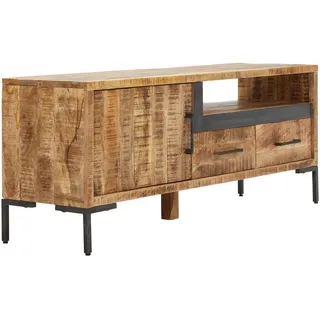 Mid.you Lowboard , Naturfarben, Anthrazit , Metall , Mangoholz , massiv , 2 Schubladen , 145x57x40 cm , Handmade in India , Holzmöbel, Wohnwände Holz, Lowboards Holz