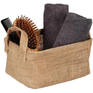 WENKO Aufbewahrungskorb Mod. Juna S, dekorativer Korb zur übersichtlichen Aufbewahrung von Accessoires wie z. B. Kleidung mit zwei praktischen Griffen, Außenmaterial 100% Jute, 20 x 15 x 15 cm, Braun