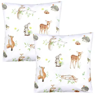 TupTam Kinder Kissenbezug Dekorativ Gemustert mit Hotelverschluss 2er Set, Farbe: Waldtiere/Igel/REH/Fuchs/Kaninchen/Beige, Größe: 40 x 40 cm
