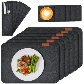 Tischset Platzset, 18er Set Tischsets Abwaschbar Platzsets: 6 Tischsets, 6 Glasuntersetzer, 6 Bestecktaschen - Anthrazit Eckige Platzdeckchen, Telleruntersetzer, Filzset