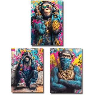 3 Affen Poster 3er Set – Nichts sehen, hören, sagen – Street Art Pop Art Wanddeko – Graffiti Bilder mit Style – Lustige Deko fürs Wohnzimmer, Büro oder Jugendzimmer (DinA1)