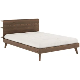 Karup Design Bettgestell »RETREAT BED«, aus Kiefer massiv mit Lattenrost, Kopfteil mit 3 Ablagen, braun