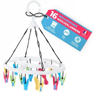 culiclean Wäschespinne klein mit 16 Klammern – Sockentrockner – Camping Wäschespinne – Mini Wäschespinne – Socken Aufhänger für Wäscheständer – Weiss mit blau-gelb-grün-rosa