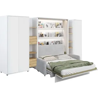 Schrankbett mit sofa Bed Concept 140x200 cm Lenart Led Beleuchtung Taschenfederkernmatratze Bett im Schrank Klapbett Weiß/Grau - Weiß