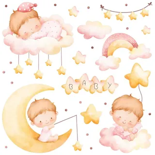 Wallfluent Wandaufkleber 80x106cm - Babys auf den Wolken , Multicolor , Kunststoff , Rechteckig , 80x106x0.1 cm , Tapeten & Wandverkleidungen, Wandtattoos & Sticker, Wandtattoos