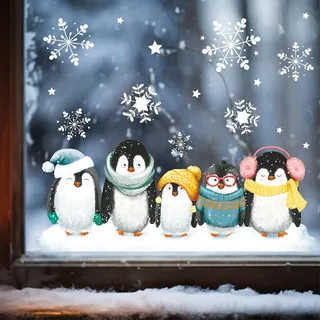 Wandtattoo Loft Fensterbilder Weihnachten mit 5 Pinguine und Schneeflocken – Wiederverwendbar – A4 Bogen – Weihnachstdeko Fenster Kinderzimmer, Weihnachtsbilder Fenster, Fensterbild Winter