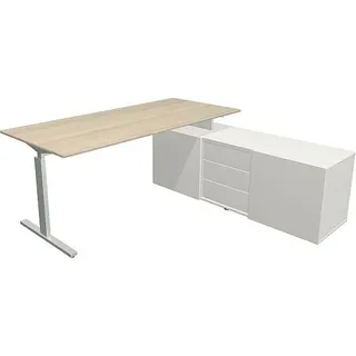 Kerkmann Schreibtisch Form 2 180x80x74 cm m. Sideboard 160x50x58 cmT-Fuß Alusilber ahorn - Silber
