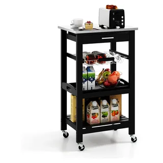 Küchenwagen mit Rollen, Küchenregal mit Arbeitsplatte, Servierwagen mit Schublade, Korb und Tablett, Rollwagen aus Edelstahl und Holz, Kücheninsel Küchentrolley modern, 47x39x85 cm (Schwarz) - Schwarz