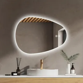 EMKE Badezimmerspiegel mit Beleuchtung Asymmetrischer LED Spiegel mit Beleuchtung 70 x 50 cm Touch-Schalter, 3 Lichtfarben Dimmbar, Beschlagfrei Badspiegel mit Beleuchtung IP44 Energiesparend