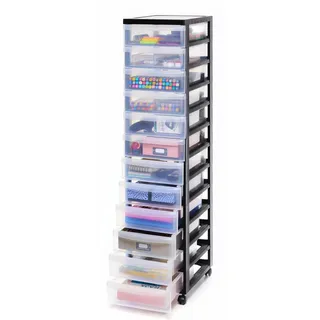 Iris Ohyama Kunststoff-Schubladenbox mit Rollen, 12 flachen Schubladen, Schwarz, Griffe zum Ziehen, Für Schlafzimmer, Bad, Schule & Büro, BPA-frei, Schubladenschrank, Rollcontainer, A4 Drawer, DC-012