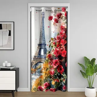 Loussiesd Paris Dekor Türvorhang 106x203cm French Eiffelturm Vorhang Für Kinder Jungs Mädchen Rot Rose Floral Paris Tower Vorhang für Innentür Raumteiler für Schlafzimmer