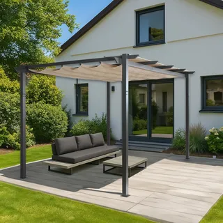 Aluminium Pergola HWC-N93, Gartenpavillon Pavillon Garten, stabiles 8cm-Gestell Schiebedach UV50+ 3x4m creme-beige - Beige