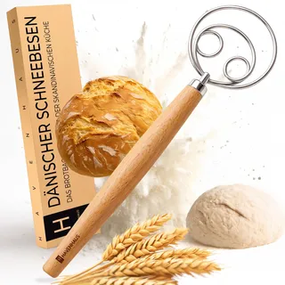 HAVENHAUS Dänischer Schneebesen mit 4 Schlaufen | Teigrührer für Brot, Teig & Sauerteig | Teiglöffel | dänischer Teigbesen Edelstahl für einfaches Rühren, Teigkneter Brotbackzubehör mit Holzgriff