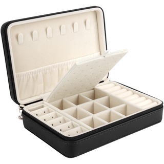 Casiwaft Schmuckkästchen Organizer für Mädchen Frauen, Kleines Kunstleder Reise Schmucketui mit Reißverschlüssen, Schmuck Organizer Aufbewahrung für Ringe Ohrringe Halskette, Jewellery Box, Schwarz