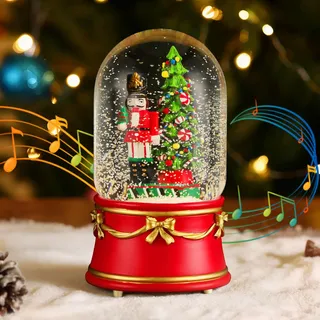 Lewondr Weihnachts-Schneekugel mit Musik und Licht, Nussknacker Zwerge Elektrische Schneekugel mit Wirbelnden Schneeflocken & 8 Lieder, Batterie & USB Betriebene Weihnachts-Wasserkugel