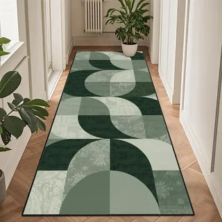 TUKDAK Boho Teppich Läufer Flur 80x200 cm, Grün Geometrisches Küchenteppich Waschbar, Rutschfest Teppichläufer Flur, Weicher Kurzflor Flurteppich Läufer Lang für Küche Schlafzimmer Wohnzimmer Korridor