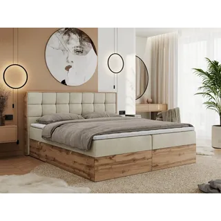 MKS Meble Boxspringbett 160x200 mit Bettkasten Eiche, Polsterbett 160x200 mit Matratze H3, Bett 160x200 mit Kopfteil, Eiche Wotan - 160x200 - Beige Velvet - Albero-1 - Beige