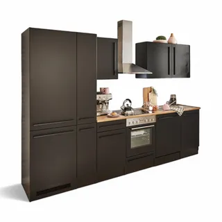 Jazz 8 Moderne Küchenzeile mit Elektrogeräten in Schwarz matt, Lanzelot Eiche Optik - Geräumige Einbauküche mit viel Stauraum - 310 x 211 x 60 cm (B/H/T)