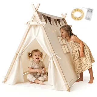 Mamabrum Tipi-Zelt für Kinder mit LED-Girlande und Bodenmatte, 110 × 90 × 120 cm, beige, Kiefernholzgestell für Zimmer und Garten - Beige