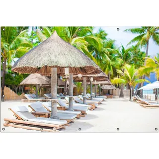 Wallario Outdoor-Poster für Garten oder Balkon, Motiv Weißer Sandstrand mit Liegen, in ca. 120 x 180 cm - Weiß