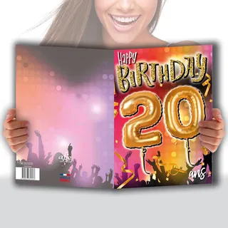 AFIE MAXI MX-5020 Große XXL Riesenkarte zum 20 Geburtstag gemischt H/F + Umschlag Format 32 x 23 cm - Zahlenballons Gold Zahl Party Tanz Musik Atmosphäre Konzert Festival - Made in France MX-5020