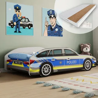 Autobett Kinderbett Jugendbett 70x140 | 80x160 mit Rausfallschutz & Matratze | 80x160 cm Polizei Polizeiauto Polizist Kinder Spielbett - Blau