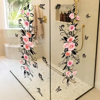 HGDESIGN® Wandtattoo Wandaufkleber Glassaufkleber Spiegelaufkleber Rot Rosen Blumenranke Beideseite sichtbar Wohnzimmer Schlafzimmer Badzimmer Wandsticker Wandbild Wanddeko Selbstklebend (B)